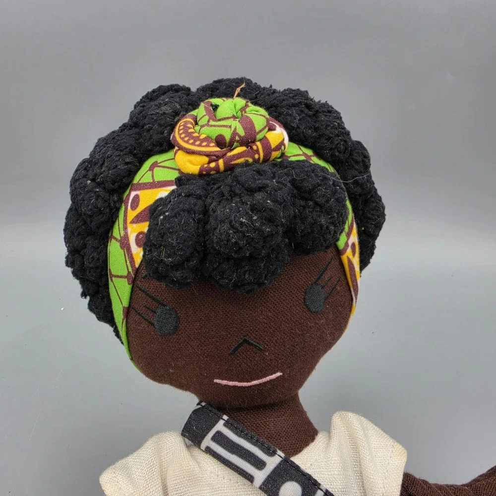 HarperIman Rag Doll Small Brown Linen Jumpsuit Headwrap Plush Toy Decor